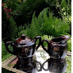 Vintage Japanese Moriage Creamer and Sugar Bowl Set Brown Floral Ceramic Japan